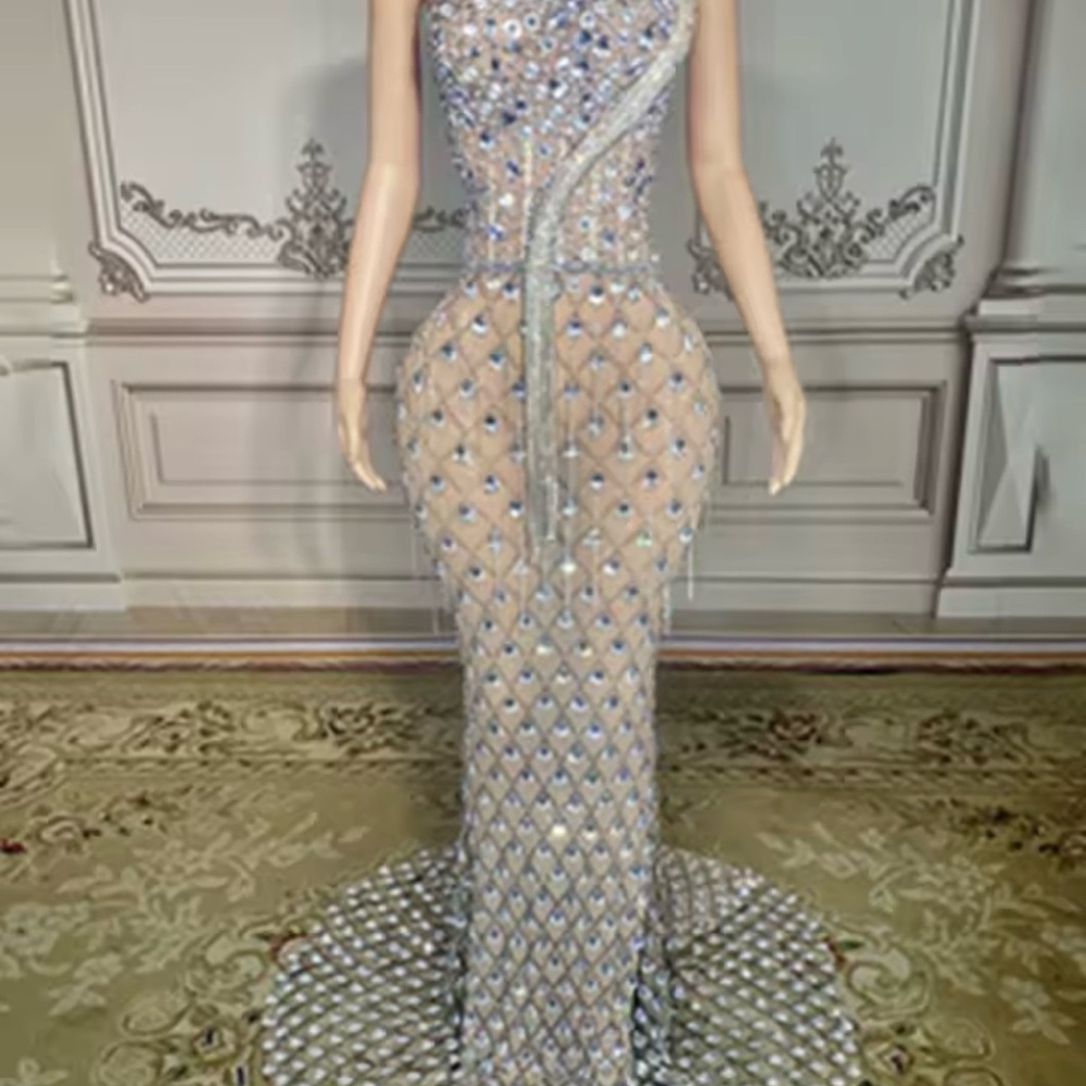 PROM DRESS
Elegant Evening Gown (beige lining) has clear “gems” size 10/12